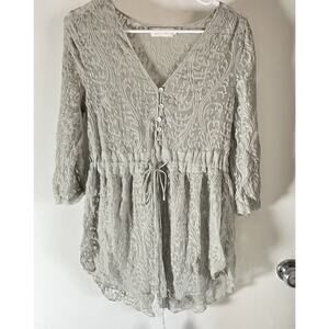 4 love and Liberty Top S Silk Blouse Dust Mint Floral Embroidered